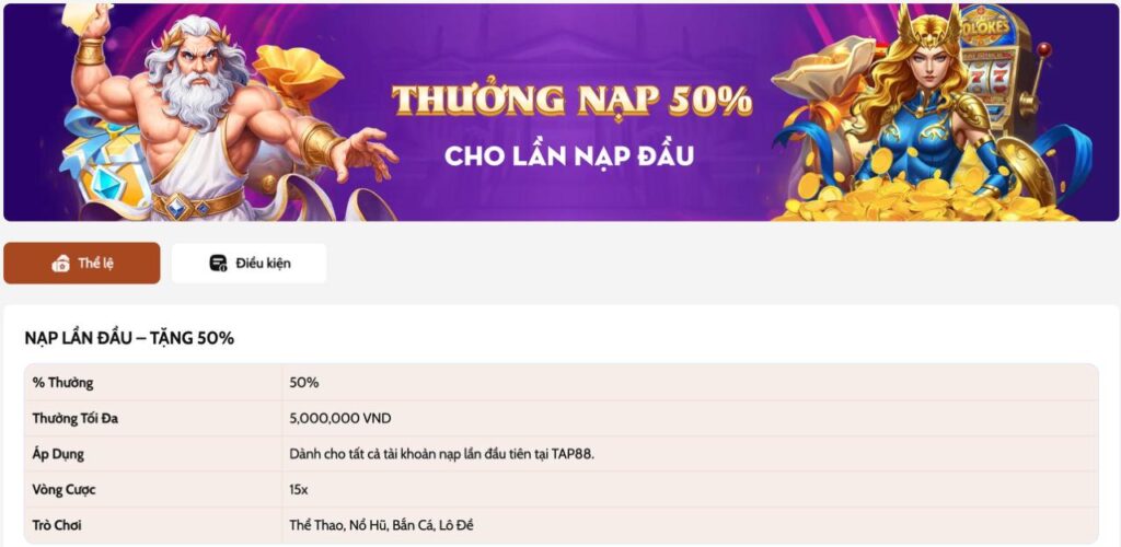 Khuyến mãi TAP88 khi đăng ký tài khoản và nạp đầu