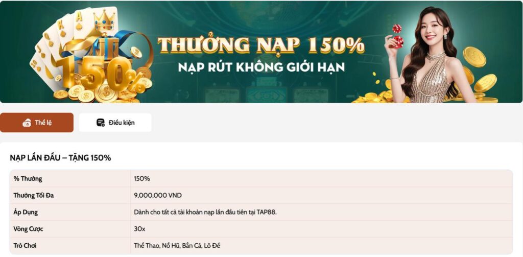Khuyến mãi TAP88 - Thưởng 150% trong lần nạp tiền đầu