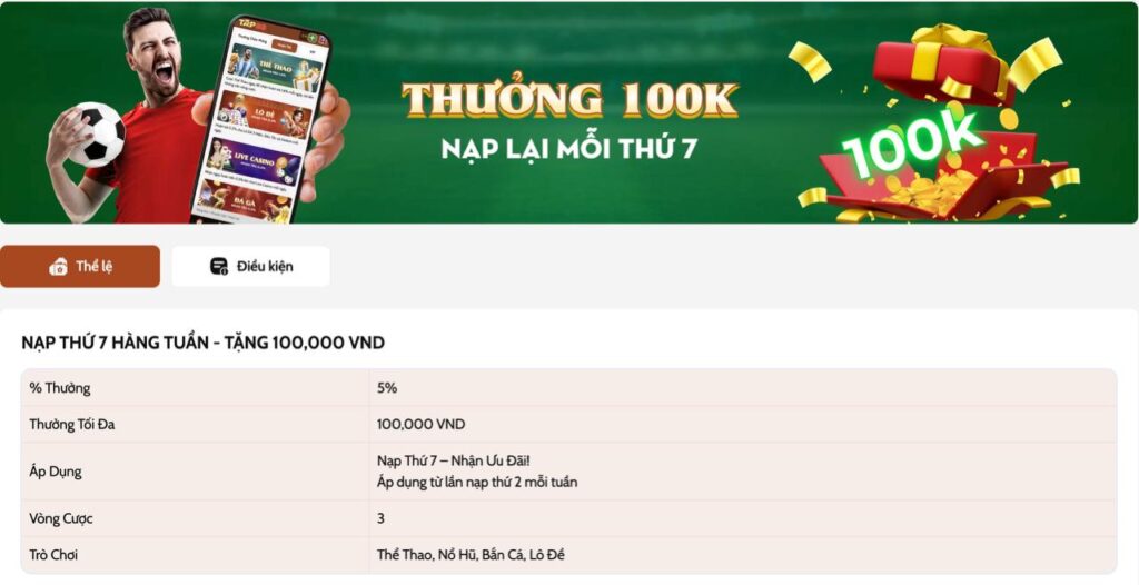 Khuyến Mãi TAp88 - Thưởng nạp tiền ngày thứ 7 hàng tuần